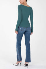Ruched Detail Wide Neck Long Sleeve Top Teal Blue
