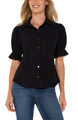 Elbow Puff Sleeve Snap Front Shirt Black