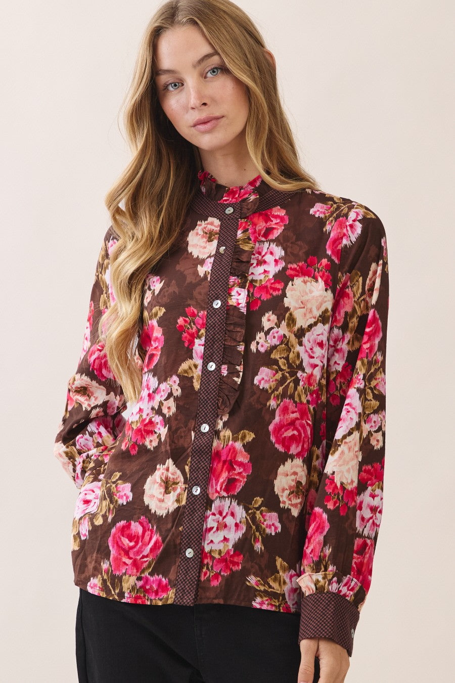 Floral Print Ruffle Mandarin Collar Blouse Rosewood Garden