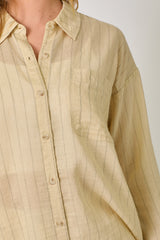 Pinstripe Single Pocket Button Down Shirt Milk Tea