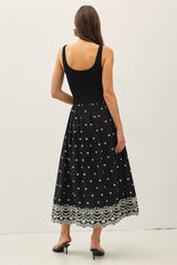 Embroidered Scallop Edge Midi Dress Black