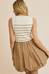 Striped Knit Sleeveless Bubble Hem Mini Dress White + Taupe