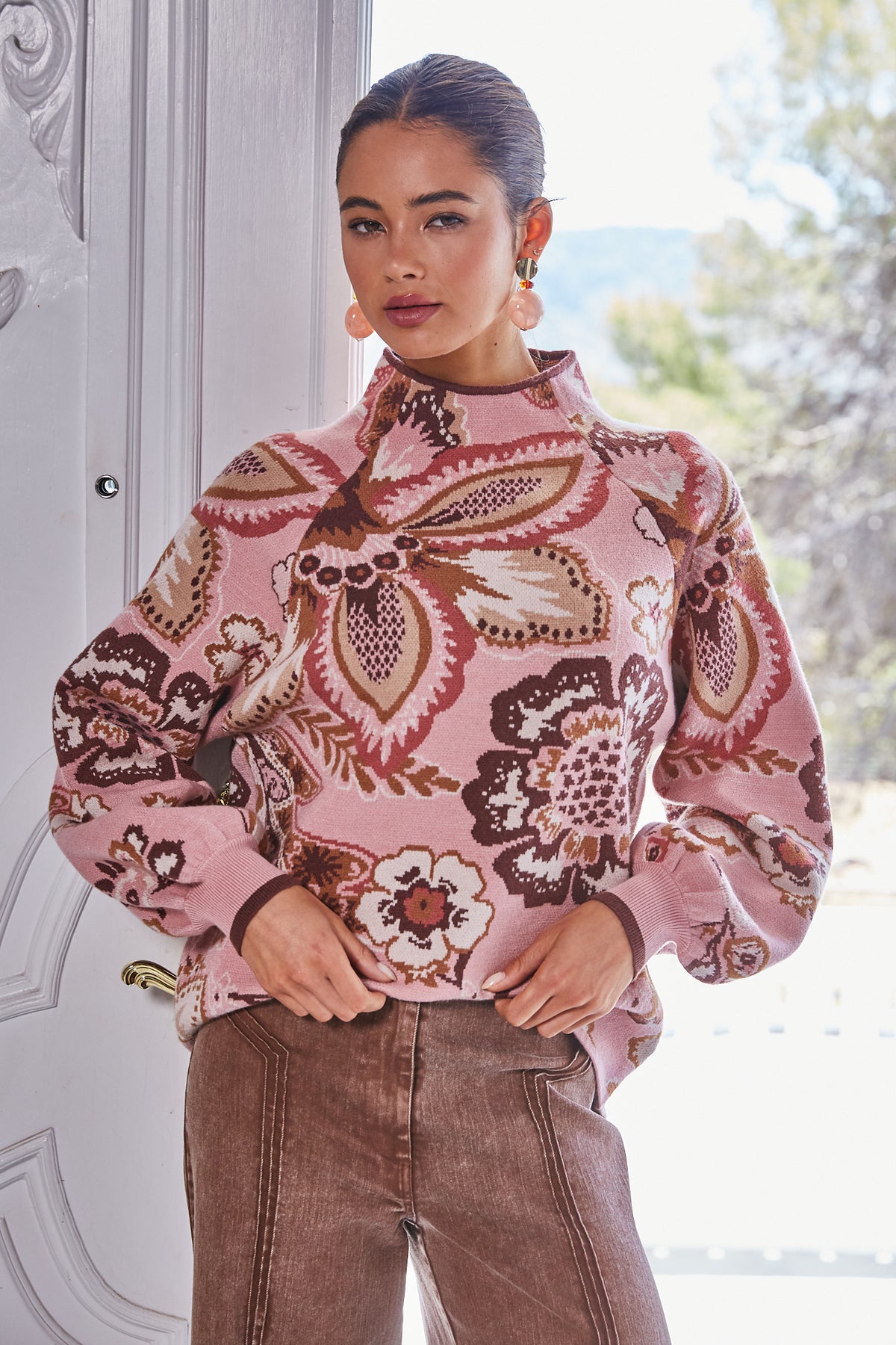 Bold Fleur Paisley Funnel Neck Sweater Mauve Multi