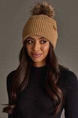 Solid Ribbed Knit Pom Hat Tan