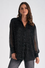Textured Stripe Glitter Button Down Shirt Black Specs