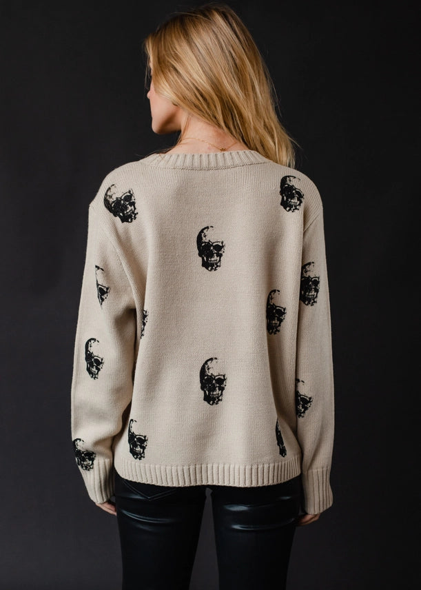 All Over Skulls Sweater Tan
