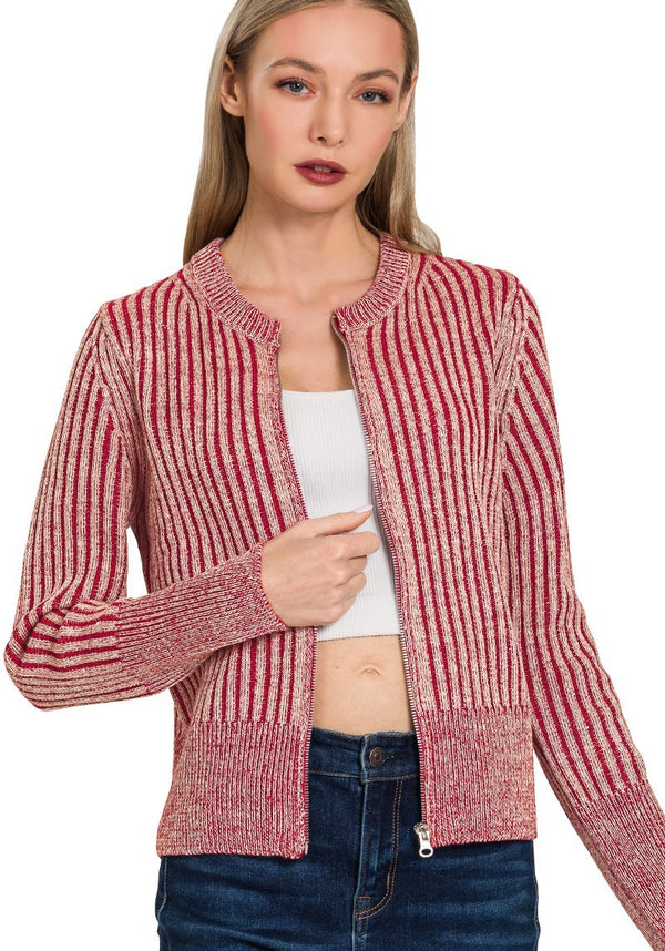 Two Tone Zip Up Sweater Dark Red