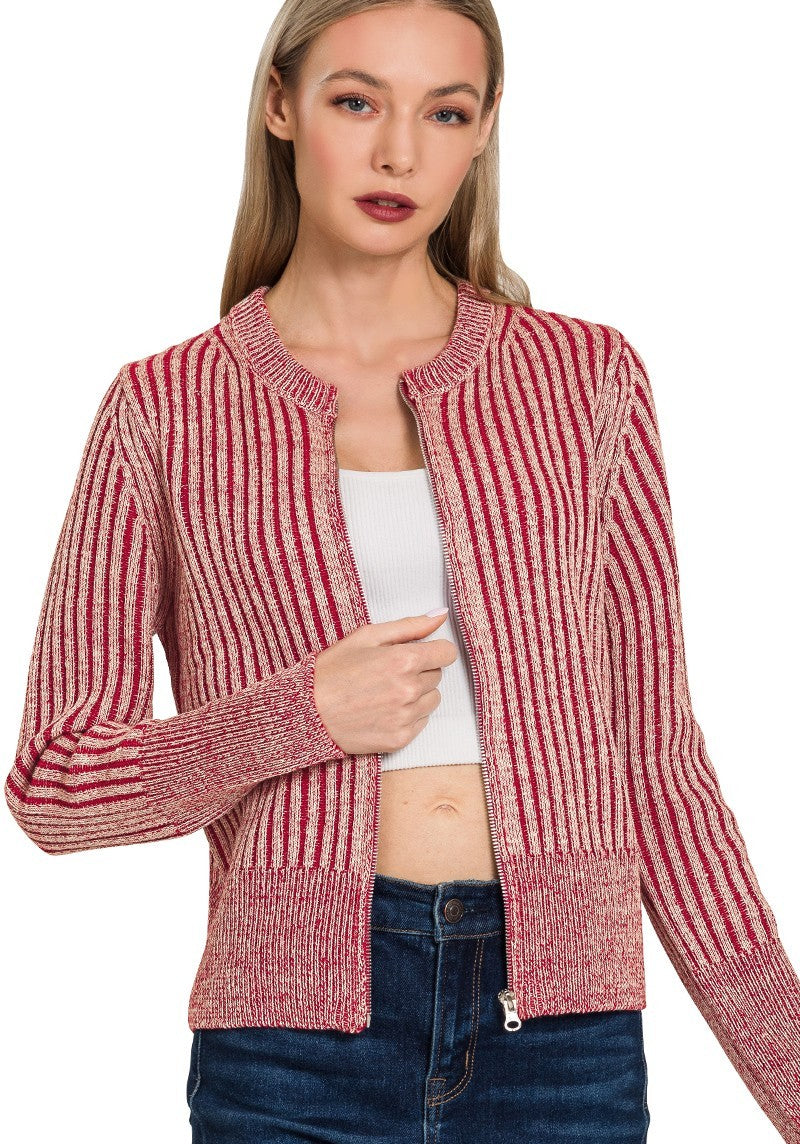 Two Tone Zip Up Sweater Dark Red