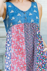 Patchwork Panels Denim Sleeveless Dress Dark Light Multi
