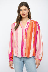 Geo Lines Boxy Button Down Shirt Pink Multi