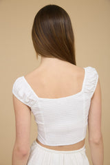 Lace Trim Ribbon Detail Ruched Sleeve Crop Top White