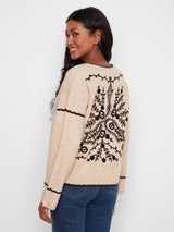Notched Neck Rib Embroidered Sweater Almond