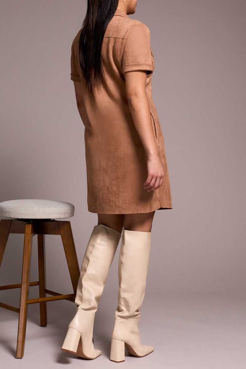 Grommet Detail Collared Suede Dress Almond Latte
