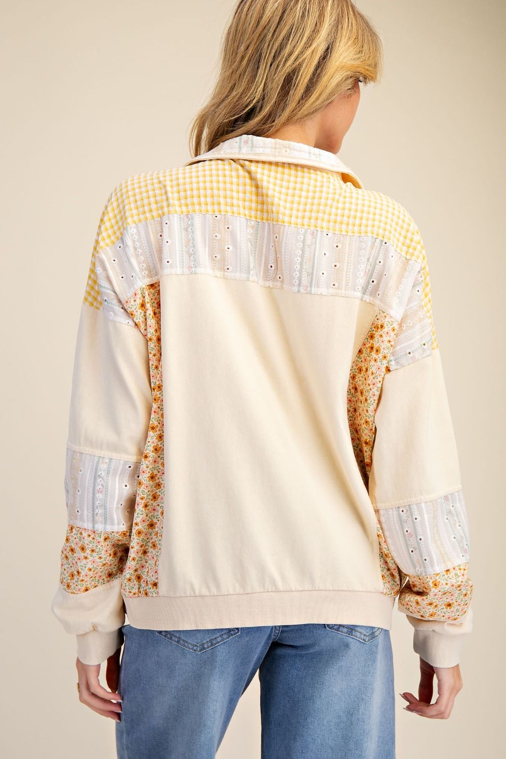 Floral Embroidery Crochet Knit Top Natural