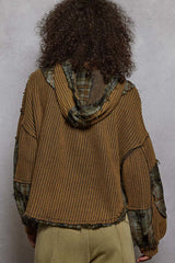 Hooded Balloon Sleeve Thermal Plaid Contrast Charcoal Multi