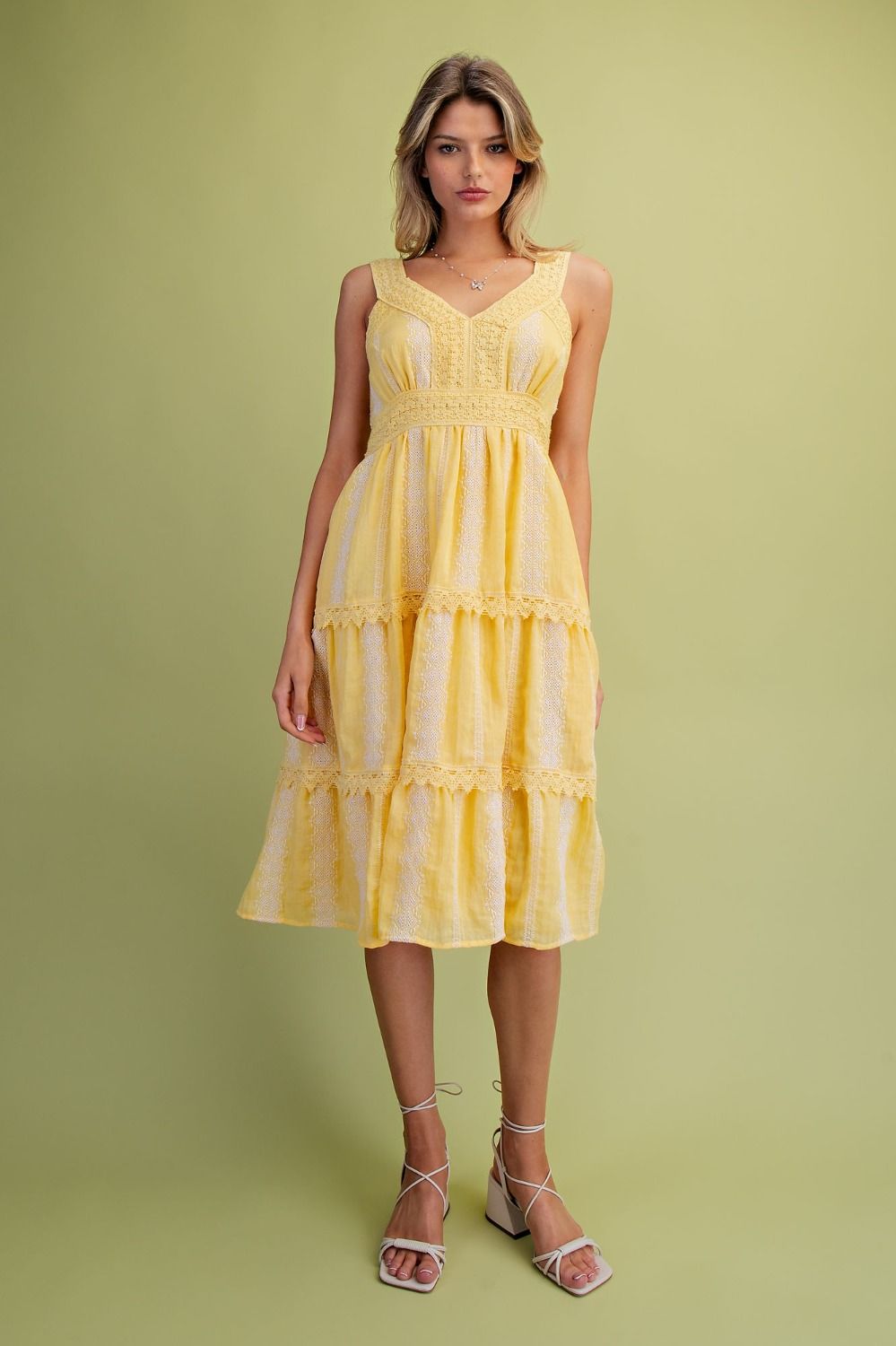 Crochet Embroidered Detailing Tiered Dress Yellow