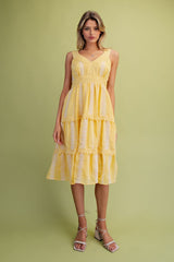 Crochet Embroidered Detailing Tiered Dress Yellow