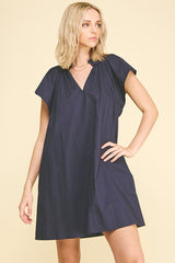 Ruffled Shoulder Detail Vneck Mini Dress Ink