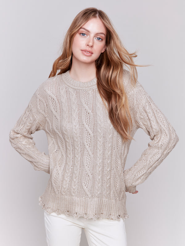 Metallic Distressed Cable Knit Sweater Champagne