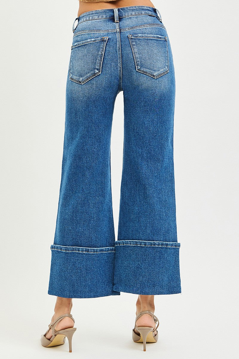 High Rise Cropped Wide Leg Cuffed Button Jeans Medium