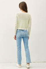 Chunky Crochet Knit Striped Button Up Cardi Light Sage