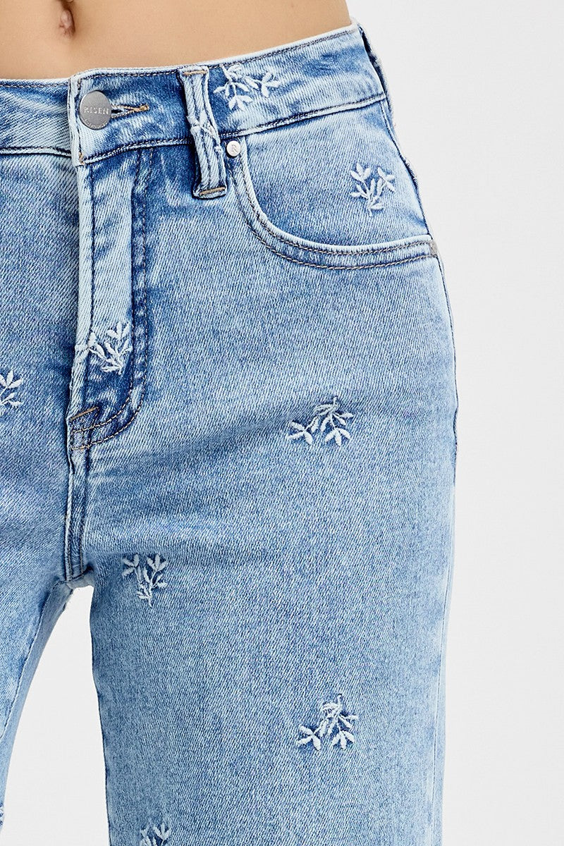 Embroidered Floral High Rise Crop Jeans Light