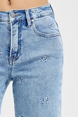 Embroidered Floral High Rise Crop Jeans Light