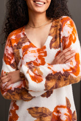 Multi Wear Fuzzy Printed Sweater Burnt Orange Floral