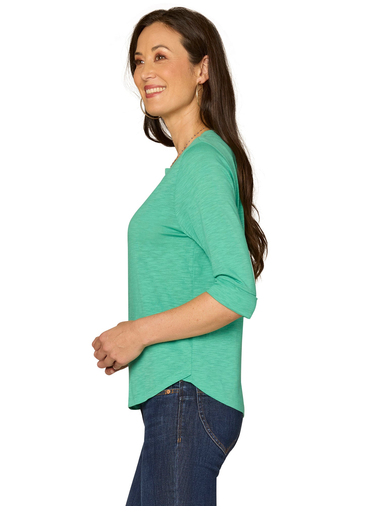 Elbow Roll Cuff Sleeve Split Neck Top Deep Jade