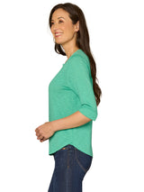 Elbow Roll Cuff Sleeve Split Neck Top Deep Jade
