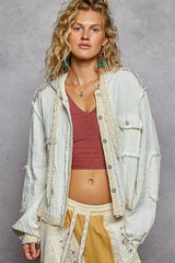 Balloon Sleeve Raw Lace Edge Gauze Hoodie Jacket Off White