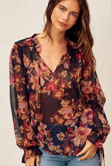 Nightfall Tie Detail Blouse Deep Night Floral