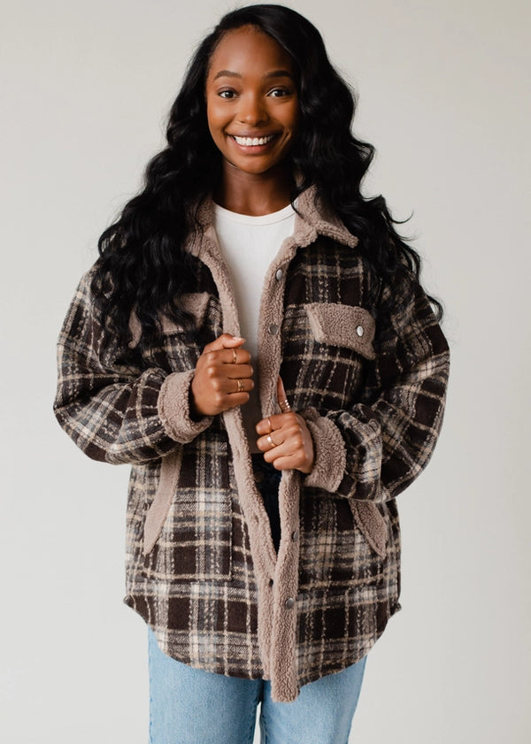 Sherpa Details Plaid Jacket Brown, Tan + Grey