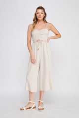 Smocked Sweetheart Linen Crop Leg Jumpsuit Natural Stripe