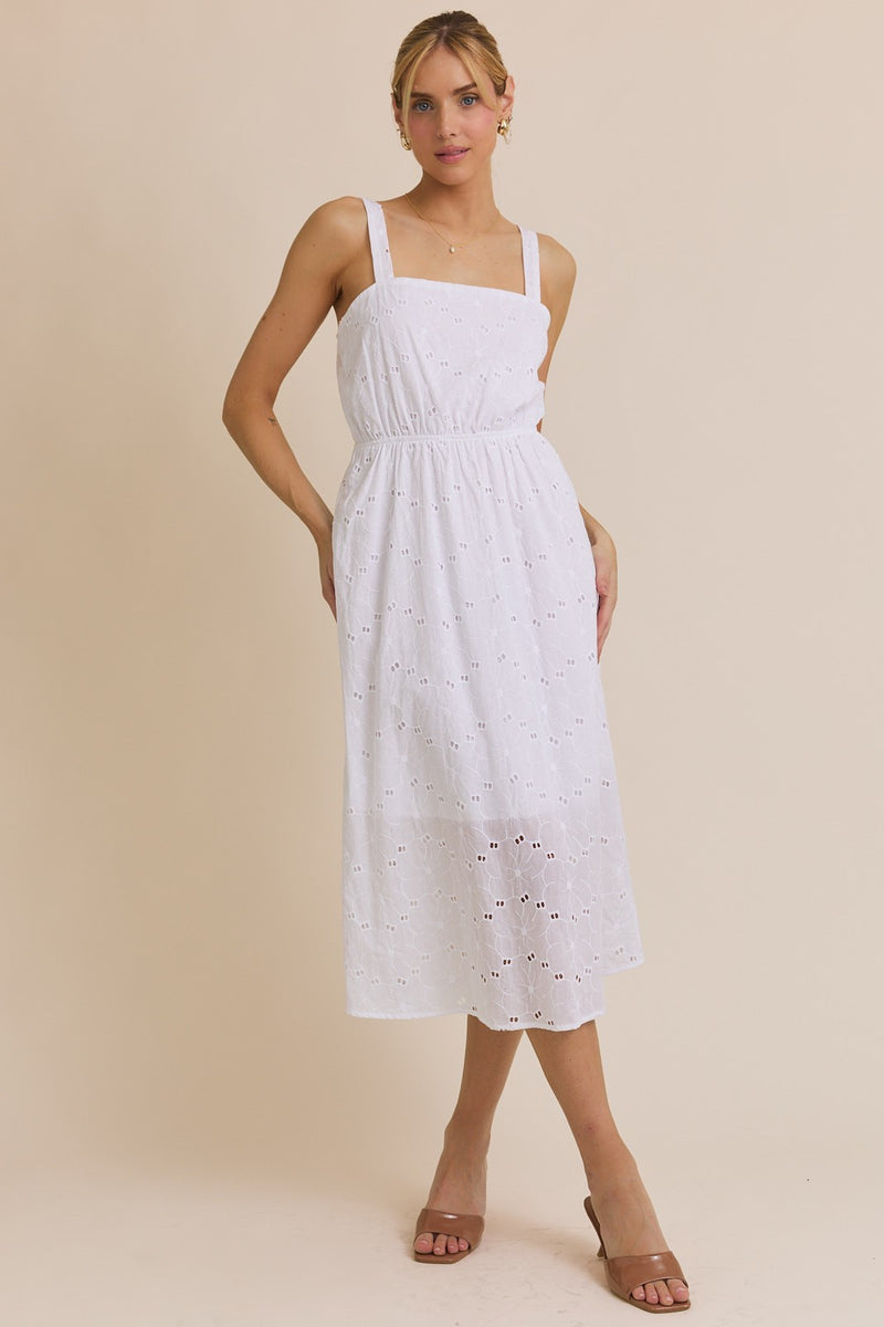 Sleeveless Square Neck Eyelet Midi Dress White