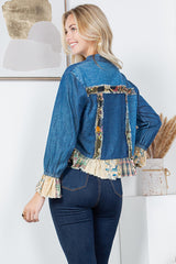 Western Boho Patch Pocket Crop Denim Jacket Denim