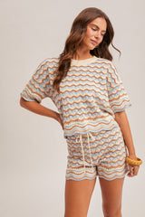 Multi Scallop Stripe Short Sleeve Open Knit Sweater Blue + Taupe