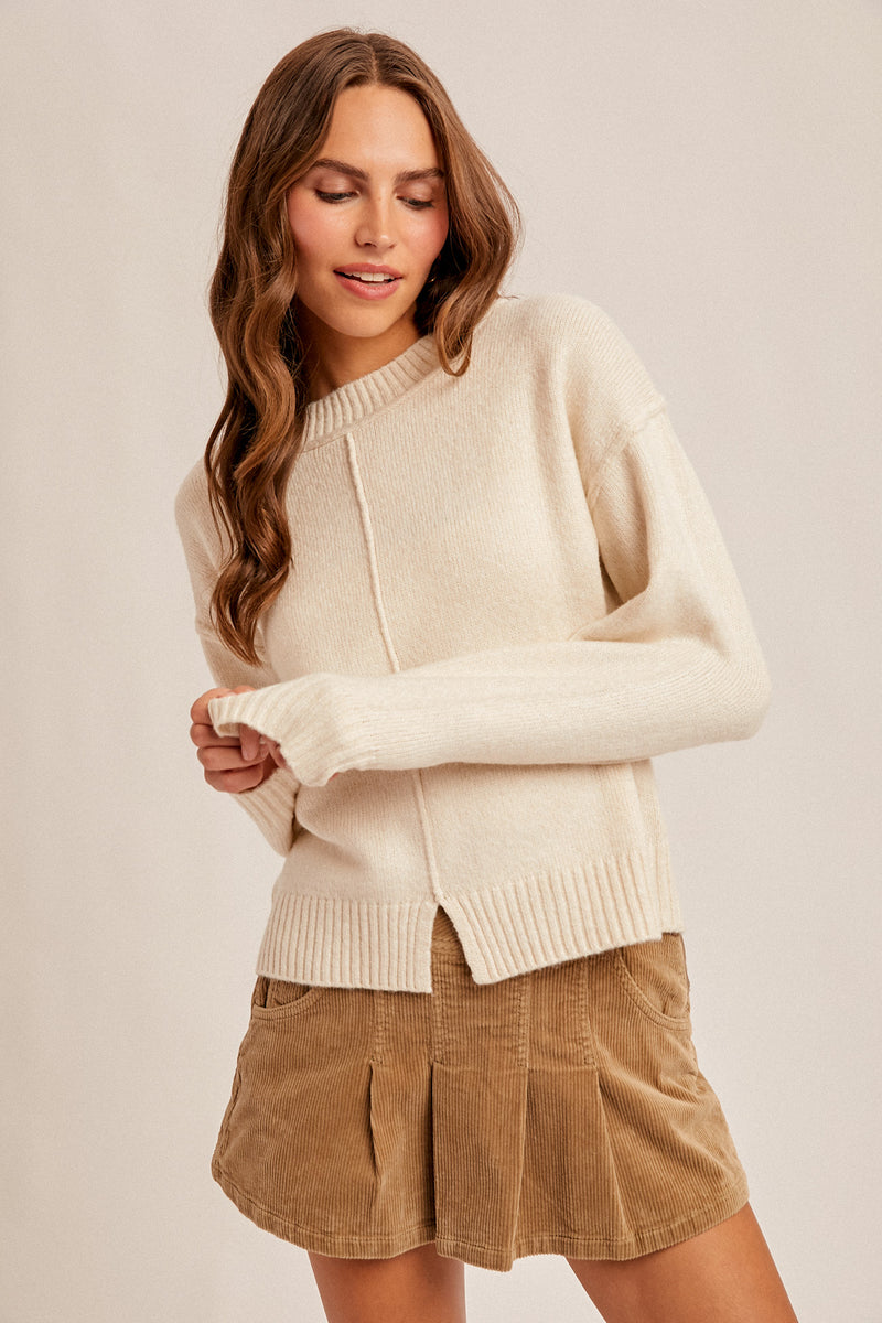 Front Bottom Slit Crew Neck Sweater Top Ivory