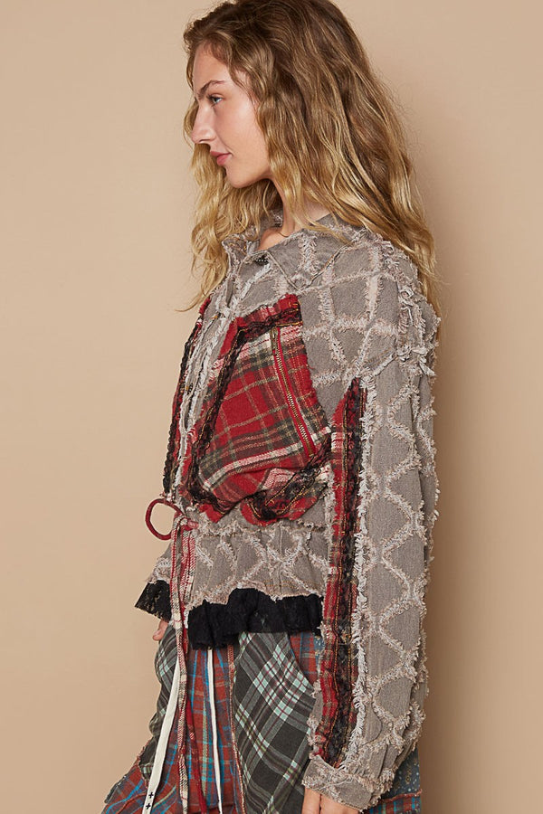 Balloon Sleeve Plaid Contrast Ruffle Details Jacket