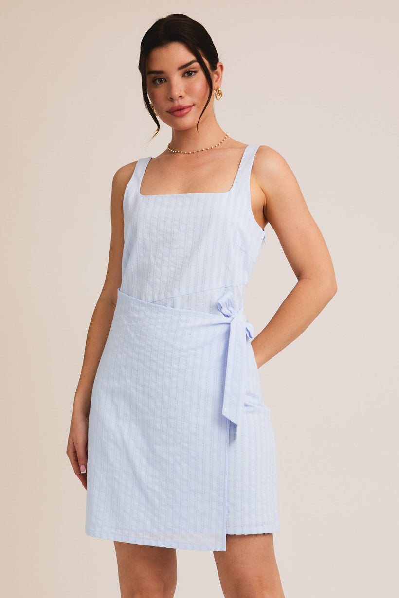 Square Neck Sleeveless Wrap Mini Dress Blue
