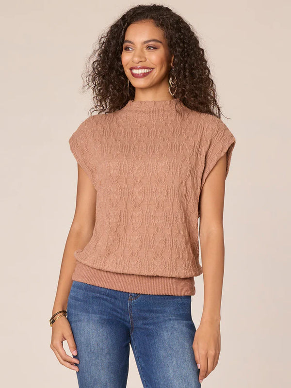 Mock Neck Cap Sleeve Mix Media Knit Top Heather Mink