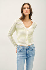 Chunky Crochet Knit Striped Button Up Cardi Light Sage