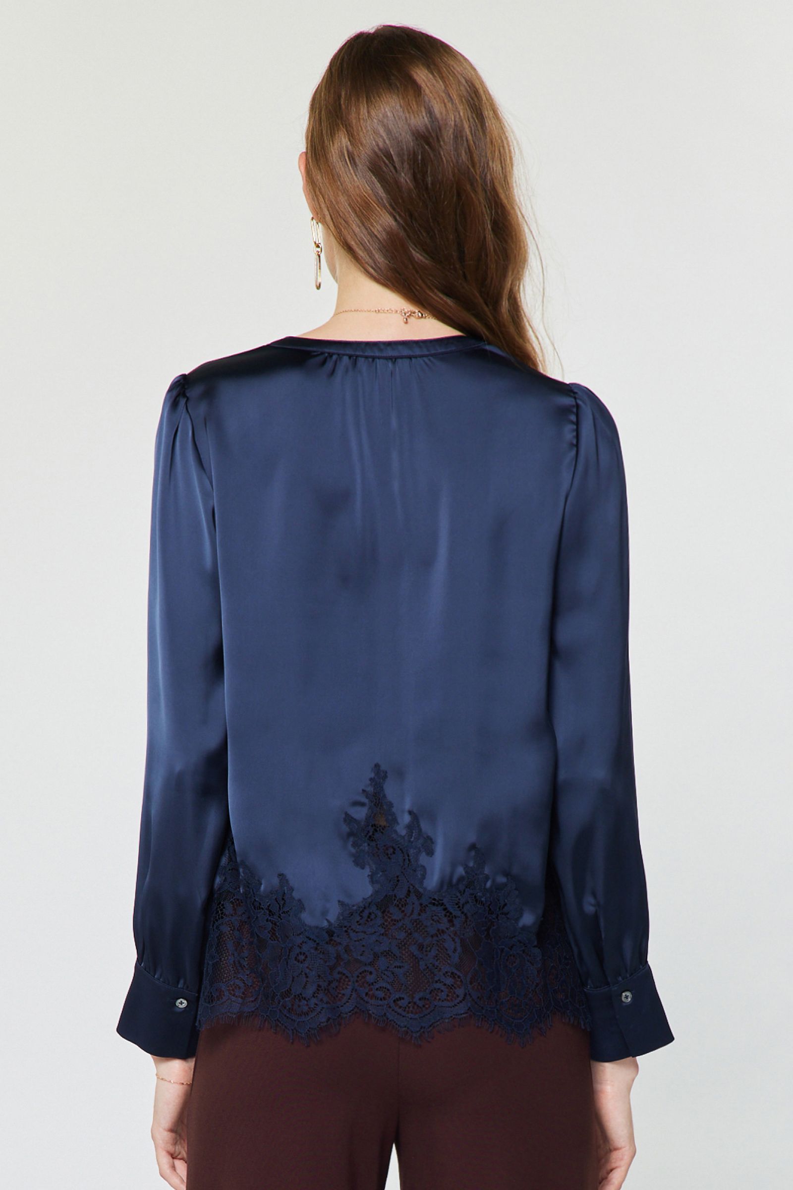 Lace Trim Satin Long Sleeve Blouse Navy