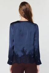 Lace Trim Satin Long Sleeve Blouse Navy