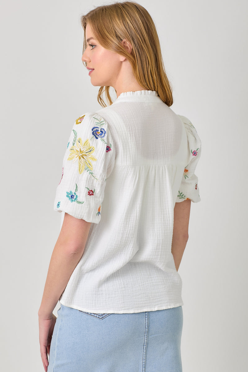 Embroidered Puff Sleeve Gauze Peasant Blouse Washed White