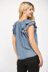V Neck Ruffle Overlay Trim Blouse Indigo