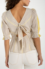 Aztec Embroidered Half Sleeve Tie Back Top Cream + Brown Stripe
