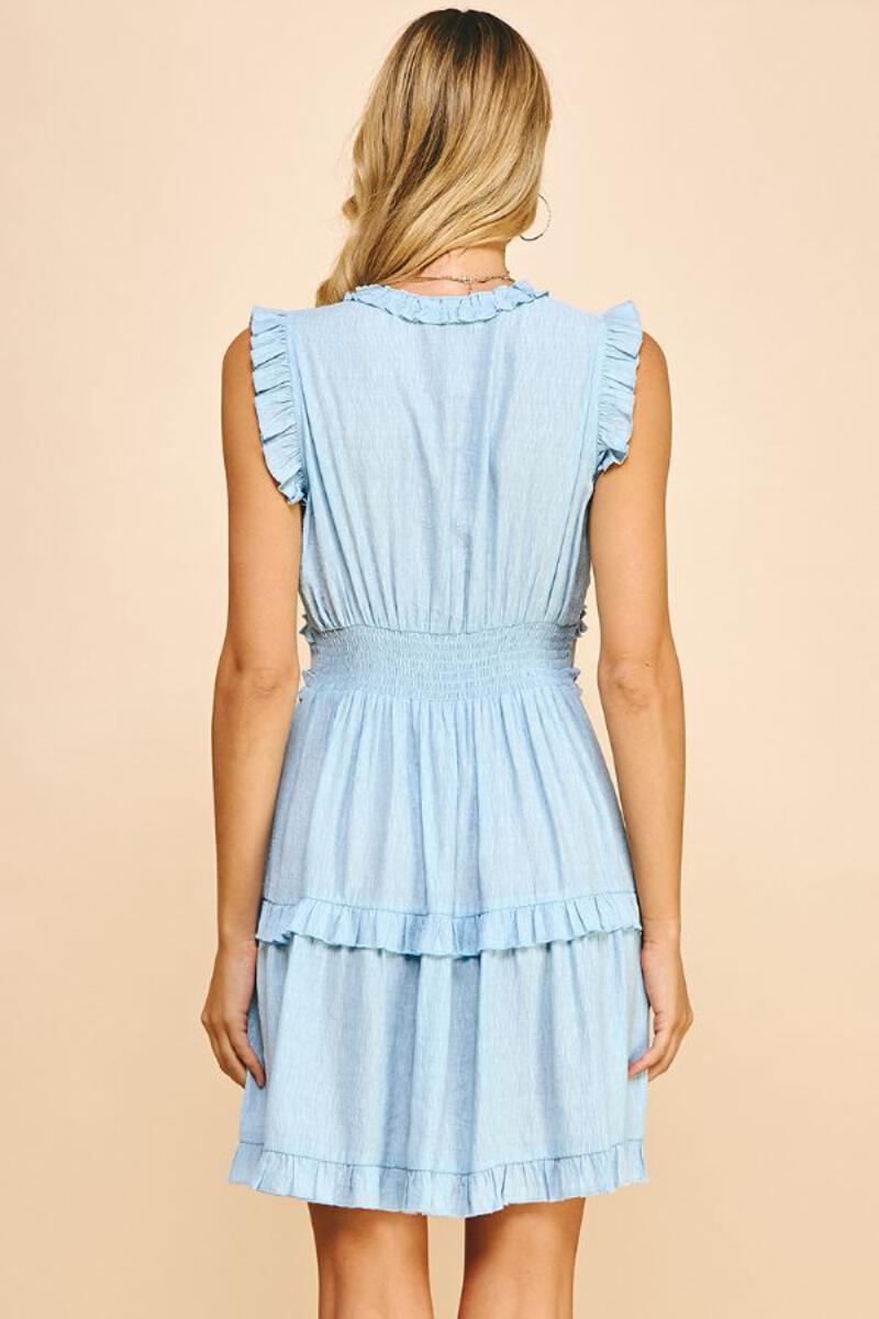 Vneck Ruffle Smocked Back Mini Dress Pastel Blue