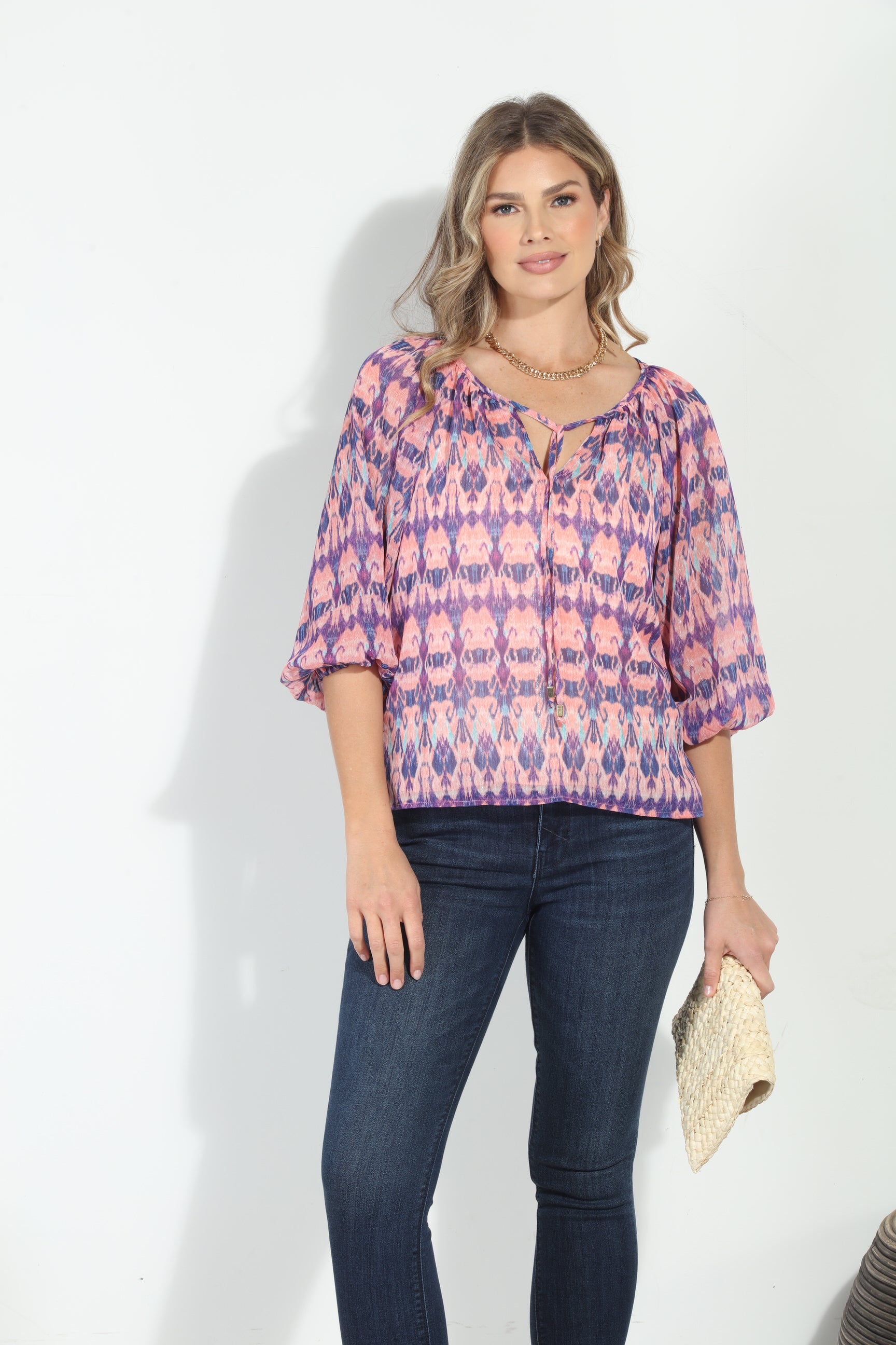 Franca Tie Neck 3/4 Bubble Sleeve Blouse Pink Multi