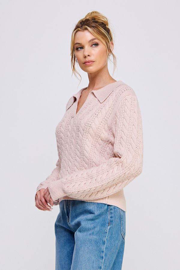 Soft Cable Knit Johnny Collar Pullover Sweater Pale Pink